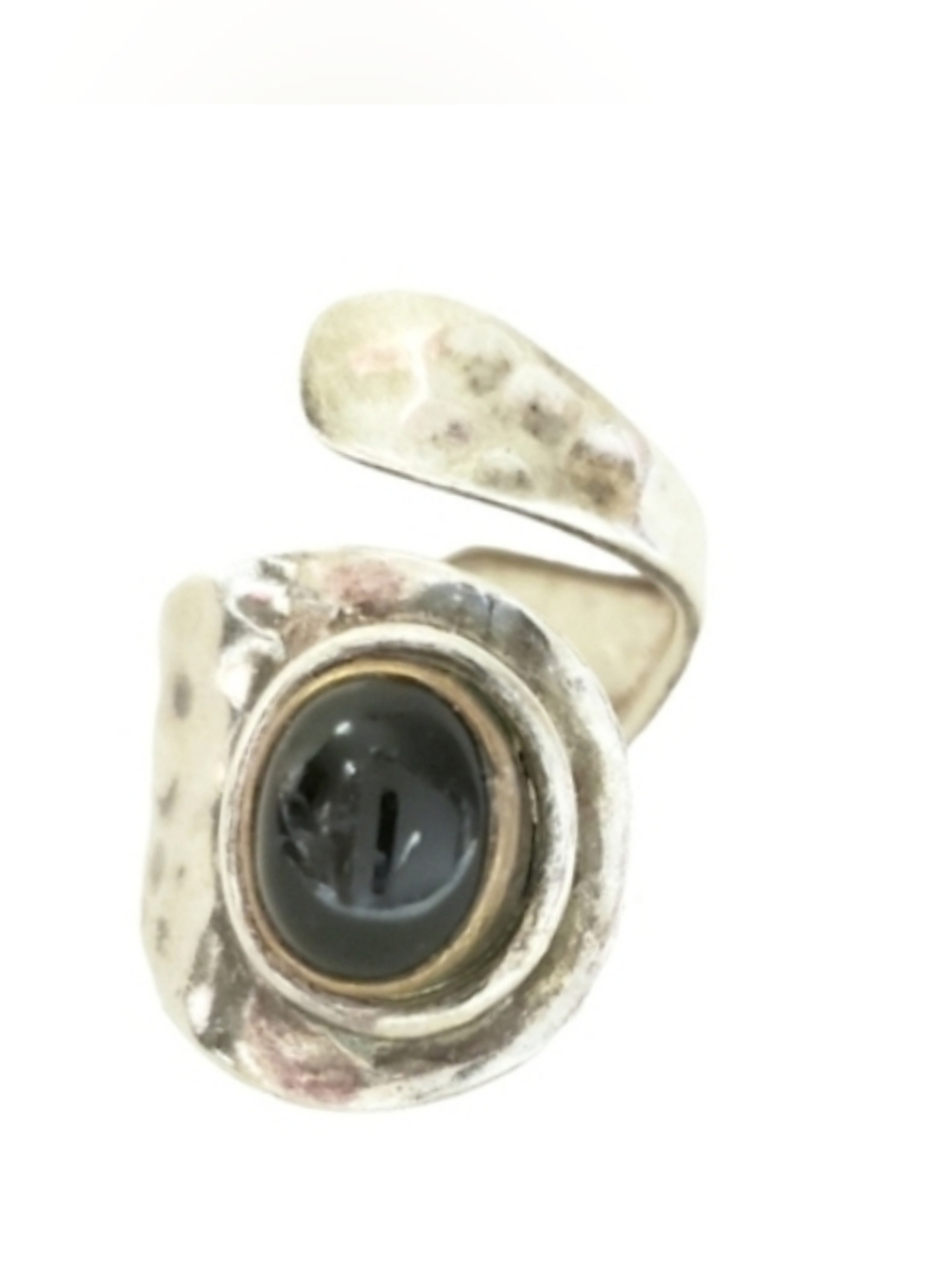 925 Sterling Silver Artisan Onyx ? adjustable Bypass Ring  6 - 8.5